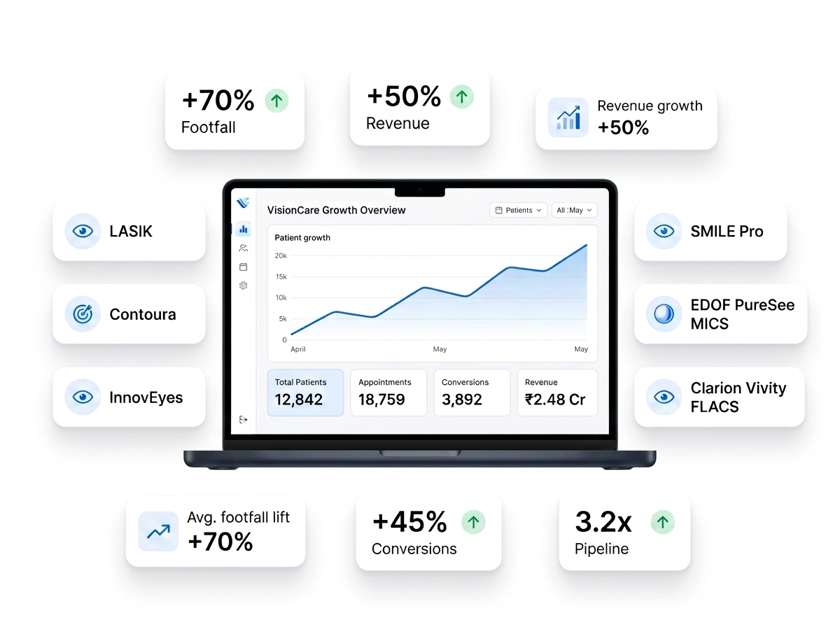 eyGrow analytics dashboard showing patient acquisition growth, treatment volume by Cataract, LASIK, Retina, Glaucoma and key KPIs