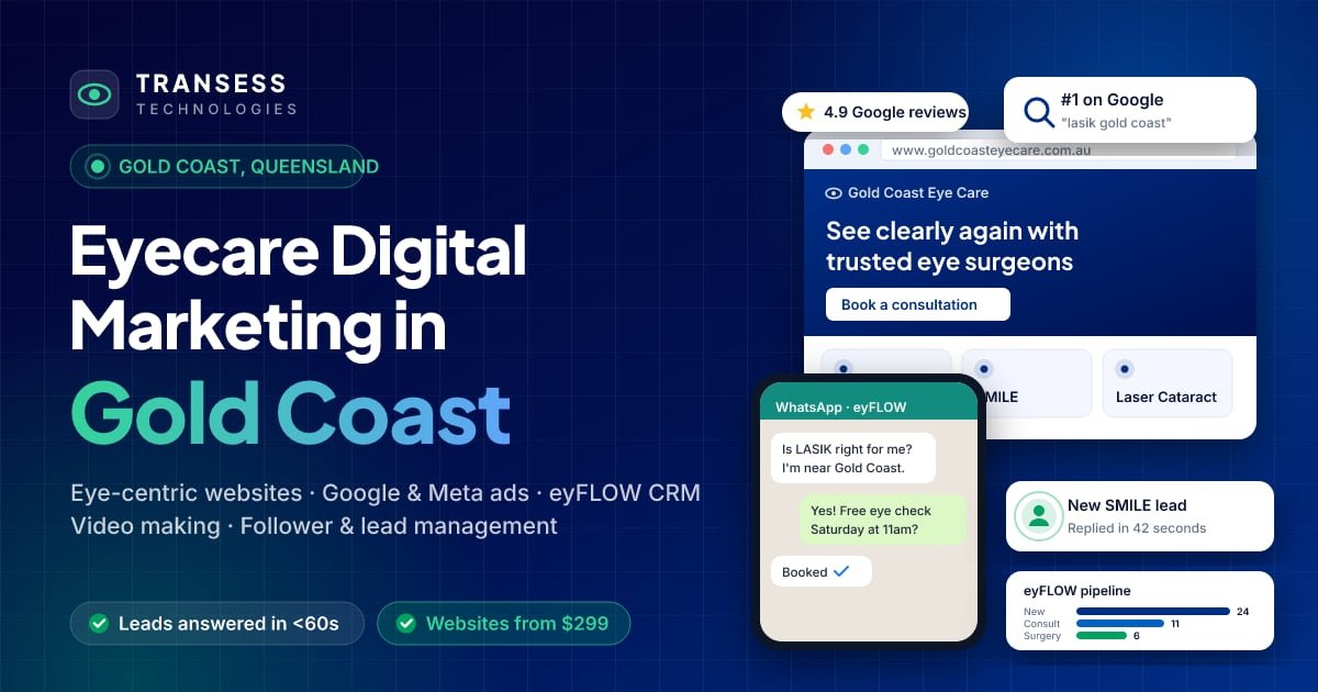 Eyecare digital marketing in Gold Coast: eye-centric website, patient chat, Google ranking and eyFLOW CRM pipeline