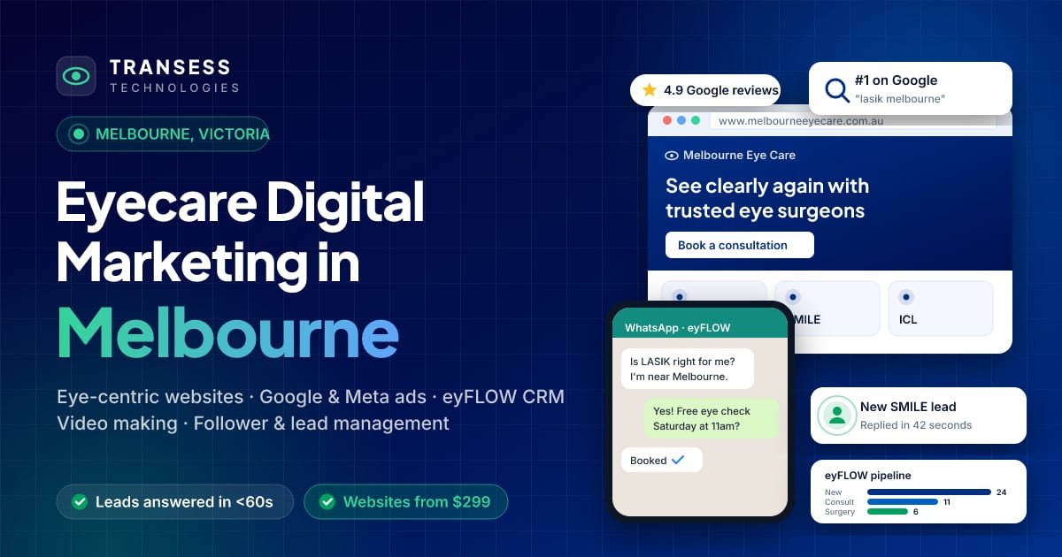 Eyecare digital marketing in Melbourne: eye-centric website, patient chat, Google ranking and eyFLOW CRM pipeline
