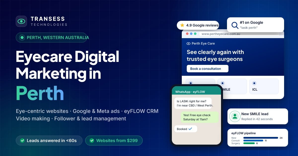 Eyecare digital marketing in Perth: eye-centric website, patient chat, Google ranking and eyFLOW CRM pipeline