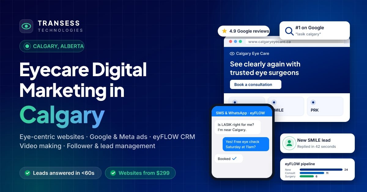 Eyecare digital marketing in Calgary: eye-centric website, patient chat, Google ranking and eyFLOW CRM pipeline