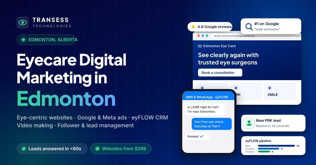 Eyecare digital marketing in Edmonton: eye-centric website, patient chat, Google ranking and eyFLOW CRM pipeline
