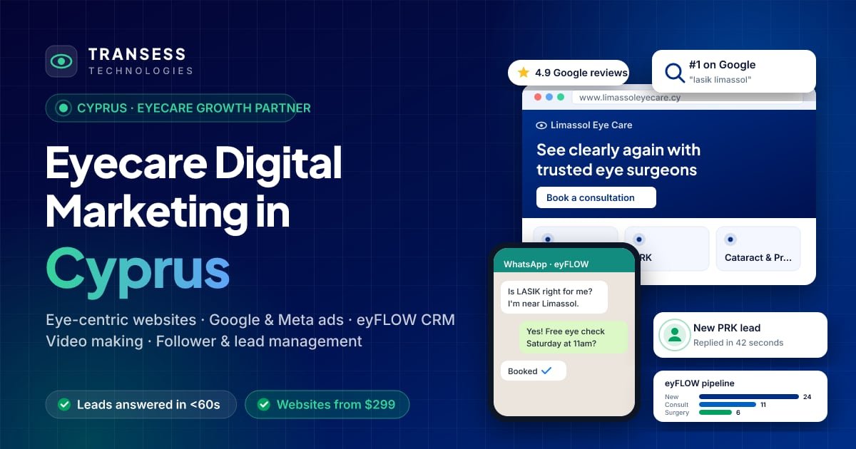 Eyecare digital marketing in Cyprus: eye-centric website, patient chat, Google ranking and eyFLOW CRM pipeline