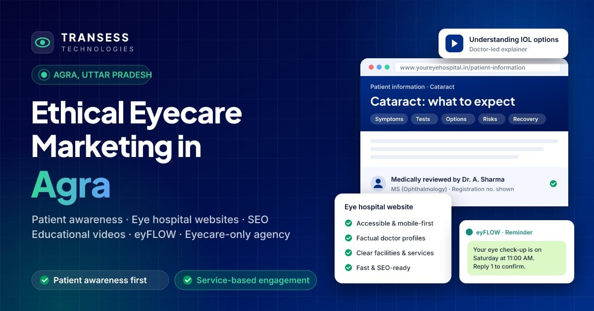 Eyecare digital marketing in Agra: eye-centric website, patient chat, Google ranking and eyFLOW CRM pipeline