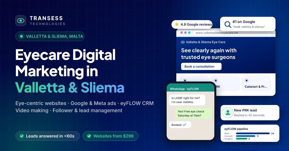 Eyecare digital marketing in Valletta & Sliema: eye-centric website, patient chat, Google ranking and eyFLOW CRM pipeline