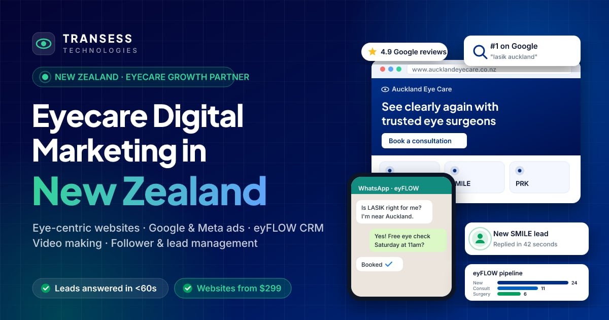 Eyecare digital marketing in New Zealand: eye-centric website, patient chat, Google ranking and eyFLOW CRM pipeline
