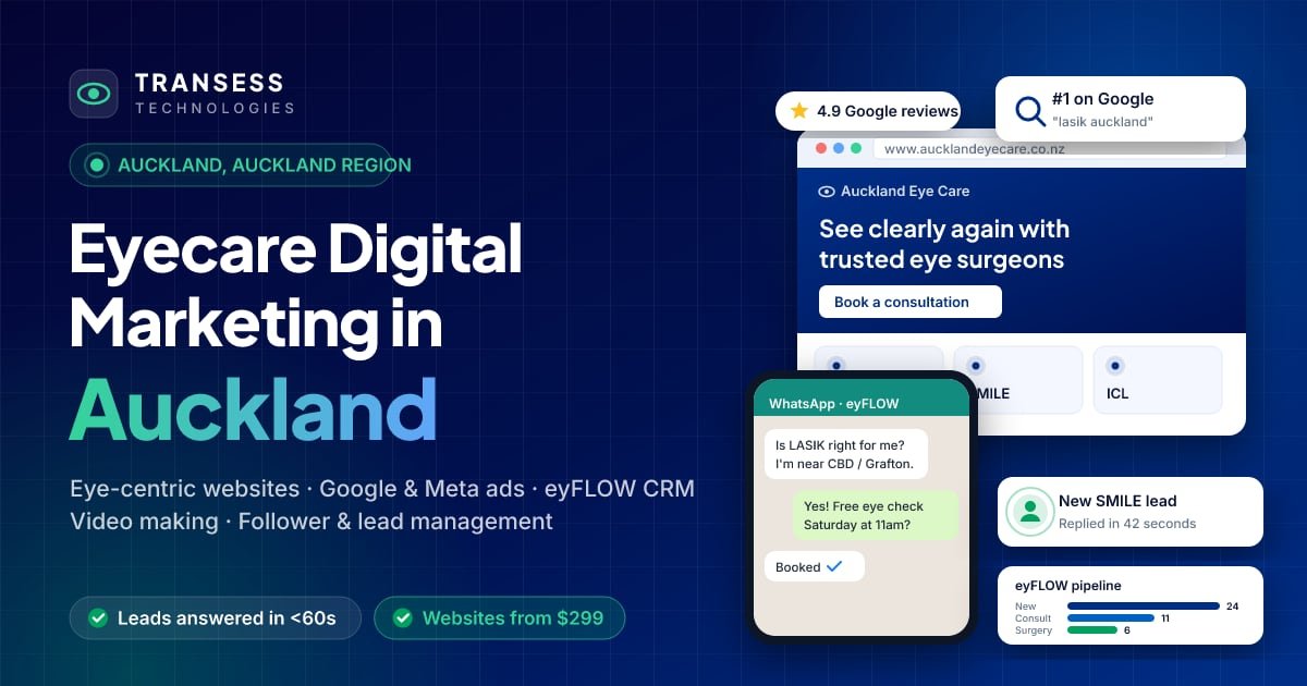 Eyecare digital marketing in Auckland: eye-centric website, patient chat, Google ranking and eyFLOW CRM pipeline