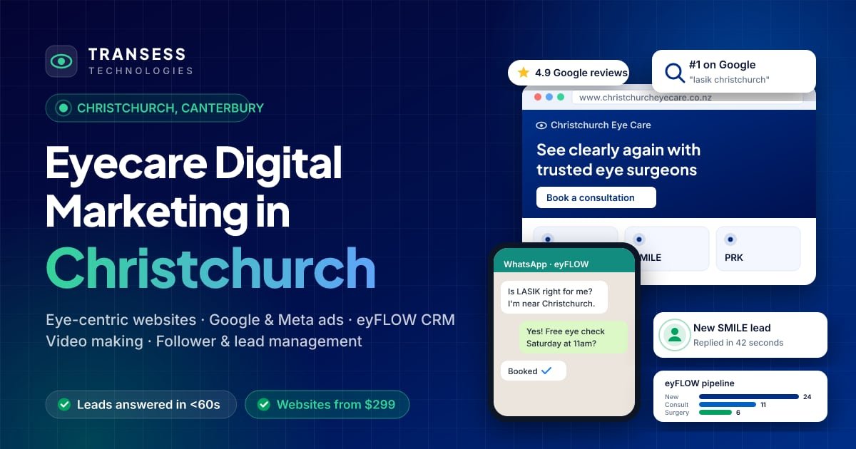 Eyecare digital marketing in Christchurch: eye-centric website, patient chat, Google ranking and eyFLOW CRM pipeline