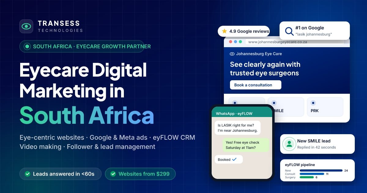 Eyecare digital marketing in South Africa: eye-centric website, patient chat, Google ranking and eyFLOW CRM pipeline