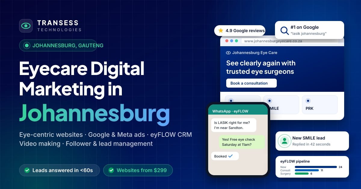 Eyecare digital marketing in Johannesburg: eye-centric website, patient chat, Google ranking and eyFLOW CRM pipeline