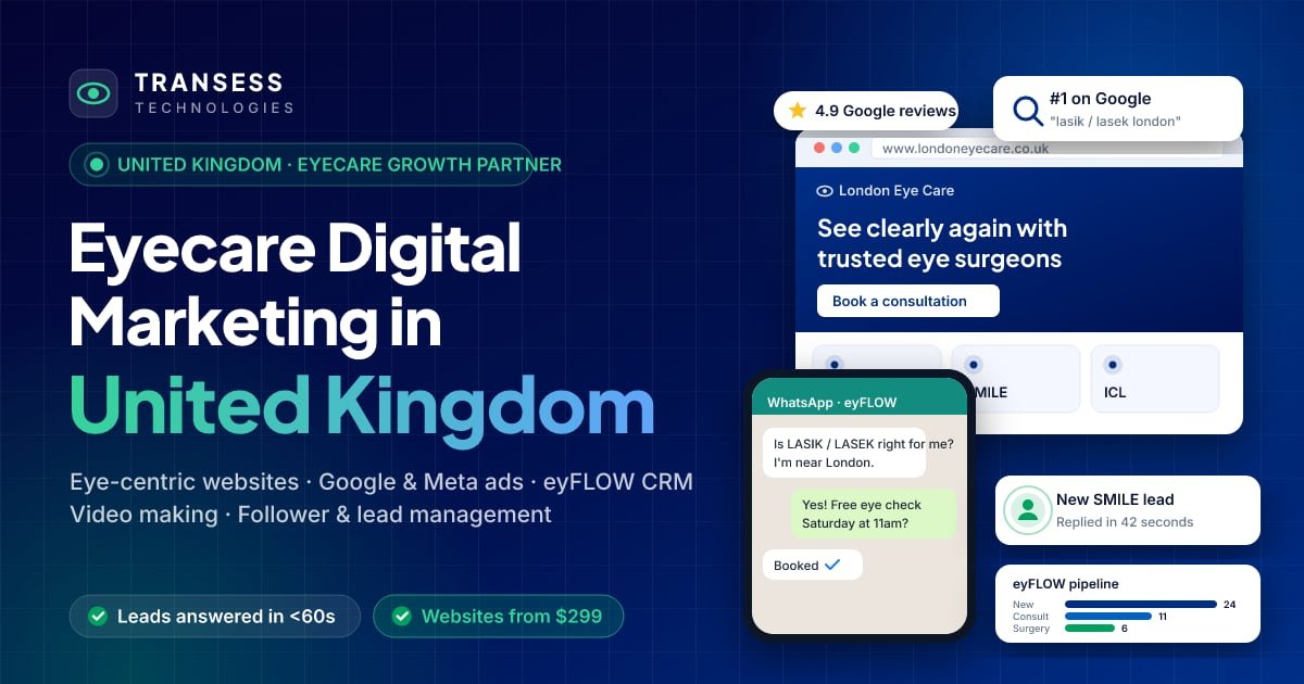 Eyecare digital marketing in United Kingdom: eye-centric website, patient chat, Google ranking and eyFLOW CRM pipeline