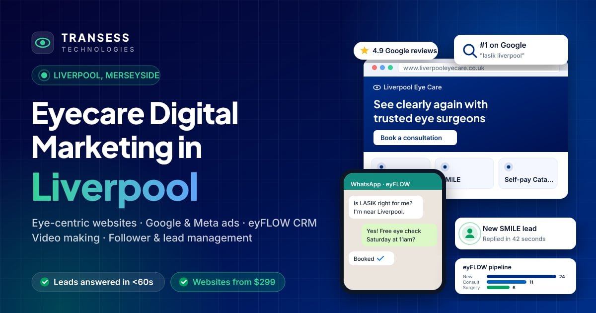 Eyecare digital marketing in Liverpool: eye-centric website, patient chat, Google ranking and eyFLOW CRM pipeline