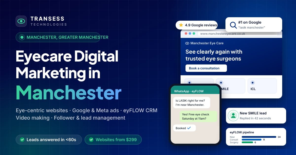 Eyecare digital marketing in Manchester: eye-centric website, patient chat, Google ranking and eyFLOW CRM pipeline