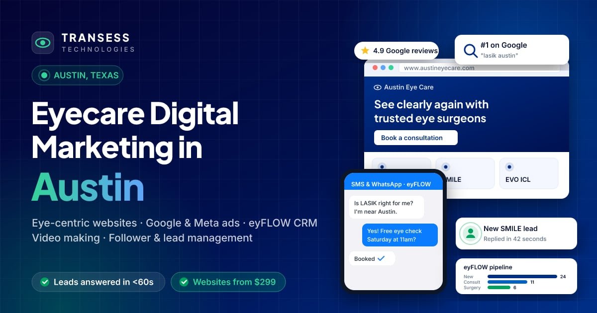 Eyecare digital marketing in Austin: eye-centric website, patient chat, Google ranking and eyFLOW CRM pipeline