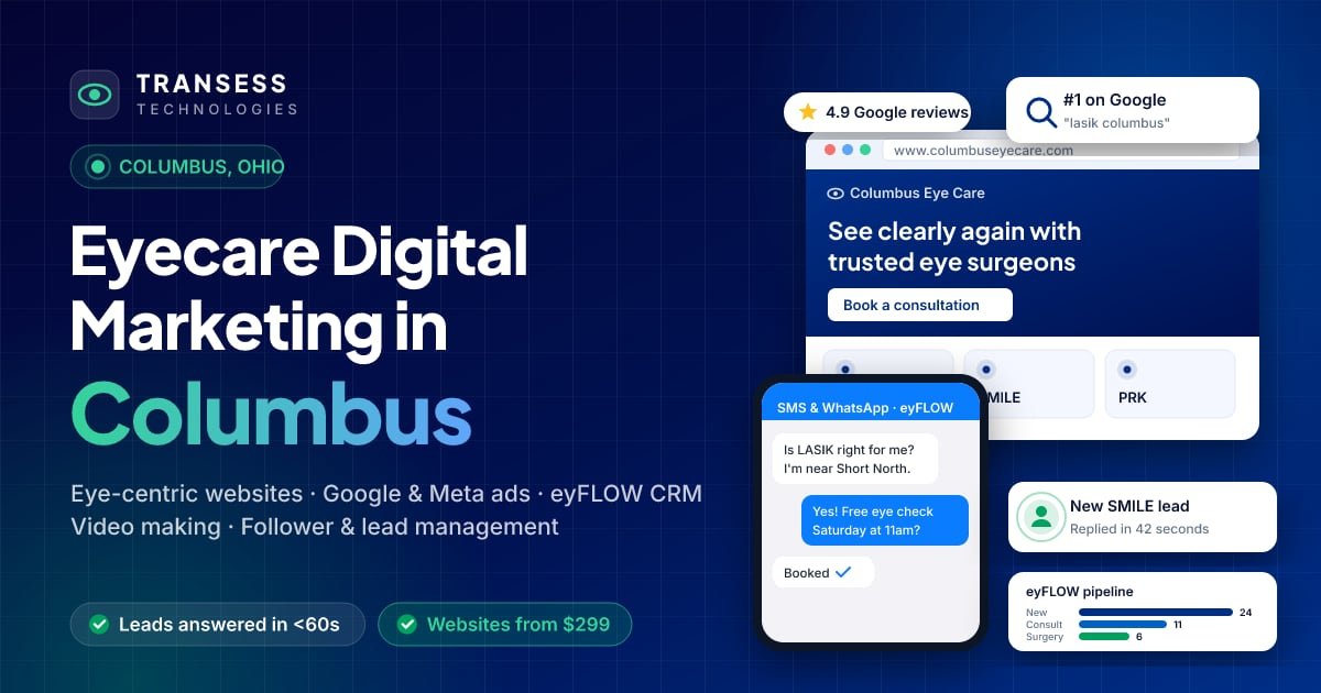 Eyecare digital marketing in Columbus: eye-centric website, patient chat, Google ranking and eyFLOW CRM pipeline