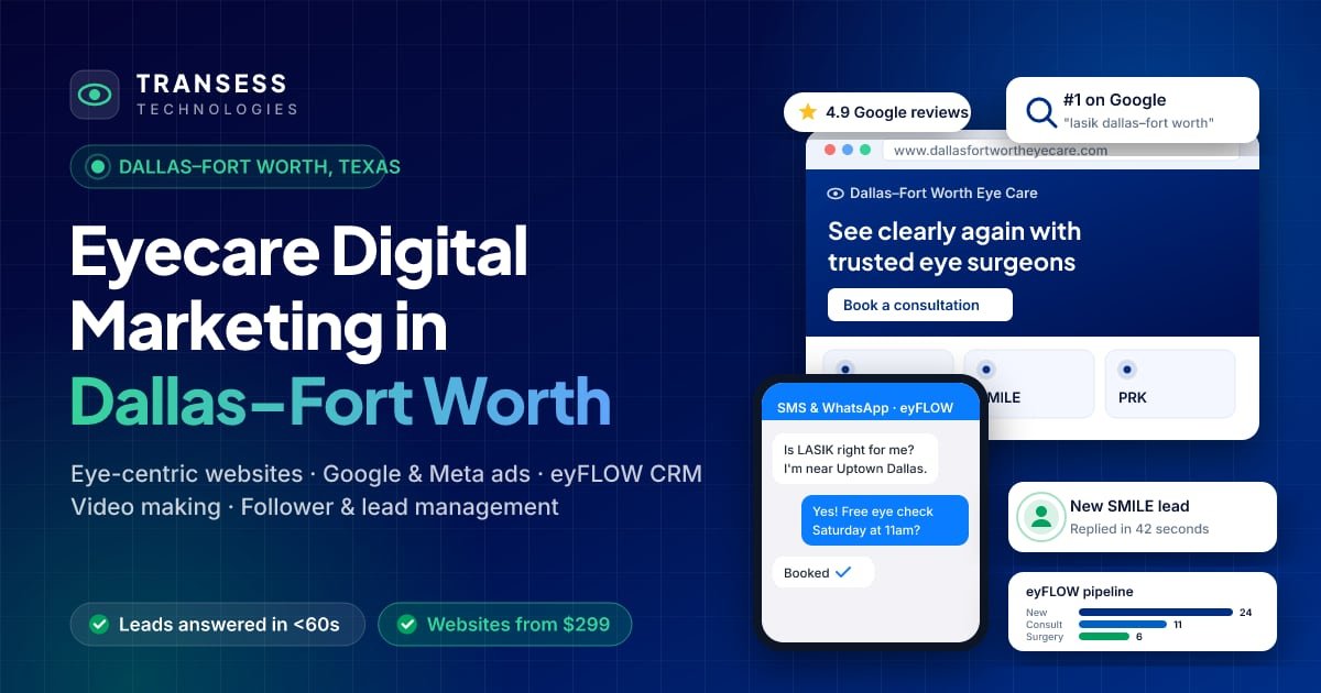 Eyecare digital marketing in Dallas–Fort Worth: eye-centric website, patient chat, Google ranking and eyFLOW CRM pipeline