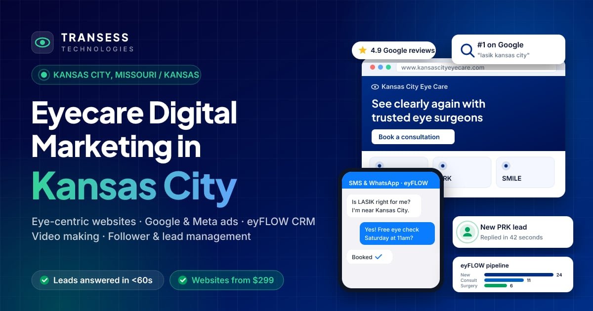 Eyecare digital marketing in Kansas City: eye-centric website, patient chat, Google ranking and eyFLOW CRM pipeline