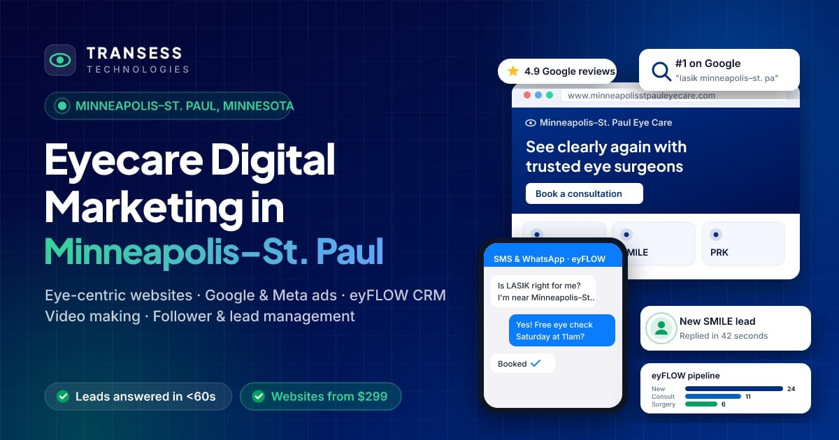 Eyecare digital marketing in Minneapolis–St. Paul: eye-centric website, patient chat, Google ranking and eyFLOW CRM pipeline