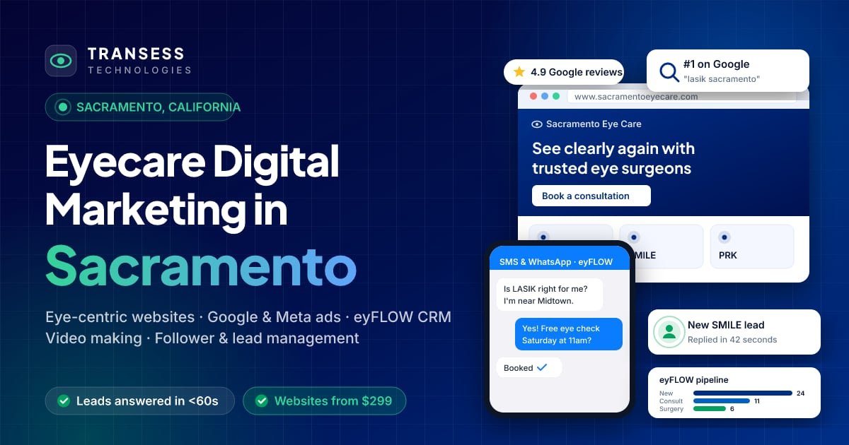 Eyecare digital marketing in Sacramento: eye-centric website, patient chat, Google ranking and eyFLOW CRM pipeline