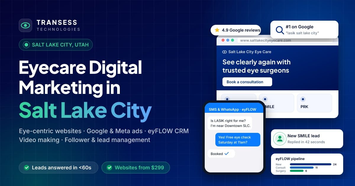 Eyecare digital marketing in Salt Lake City: eye-centric website, patient chat, Google ranking and eyFLOW CRM pipeline